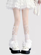 Lolita Stockings Black White Pink Y2K Sheer Lace Leg Warmers Cute Ribbon Tie Stacked Socks JK