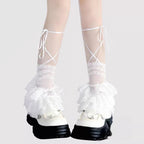 Lolita Stockings Black White Pink Y2K Sheer Lace Leg Warmers Cute Ribbon Tie Stacked Socks JK