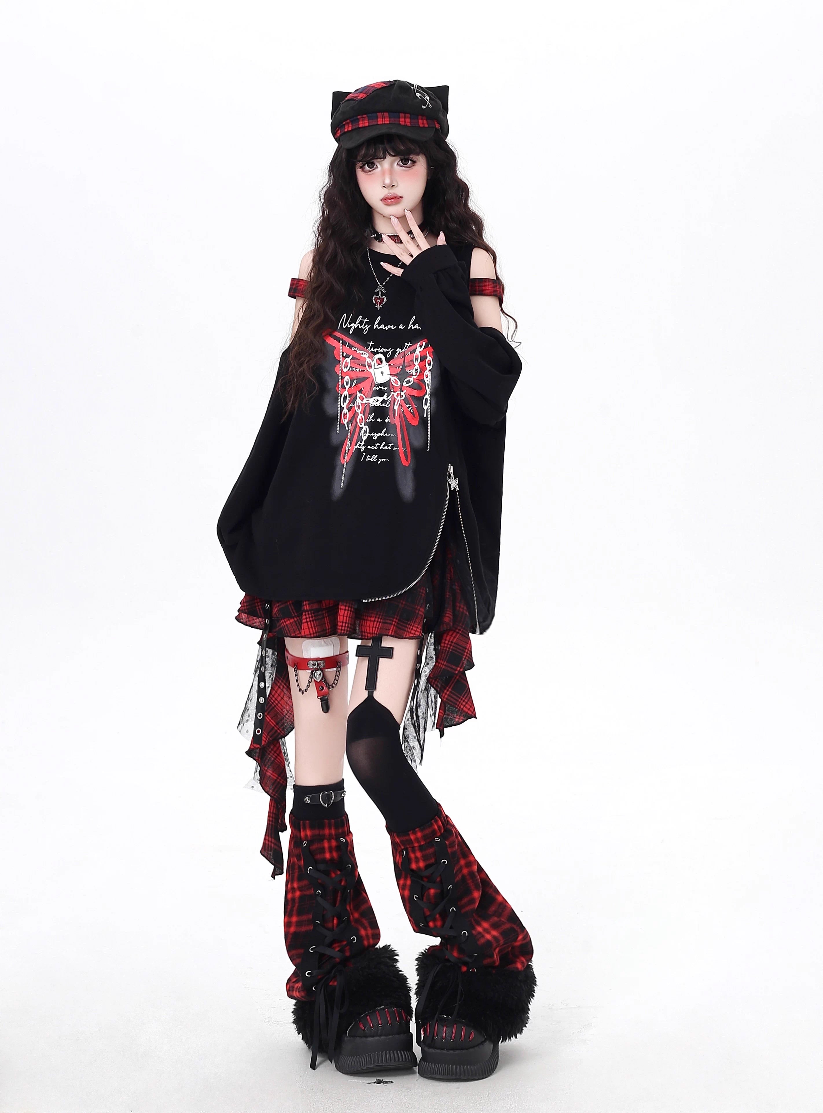 Mixing Victorian dark romance with cozy texture, these leg warmers feature lace-up details, soft plaid patterning, and a fuzzy knit finish. The rich red hue adds dramatic warmth, perfect for layering over boots or bare legs. Edgy, luxurious, and ideal for alt-fashion enthusiasts.