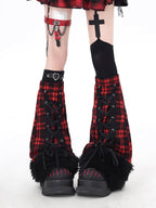 Mixing Victorian dark romance with cozy texture, these leg warmers feature lace-up details, soft plaid patterning, and a fuzzy knit finish. The rich red hue adds dramatic warmth, perfect for layering over boots or bare legs. Edgy, luxurious, and ideal for alt-fashion enthusiasts.