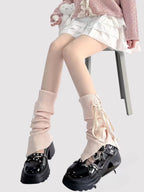 Lolita Stockings Pink Black White Ballet Leg Warmers Sheer Layered Socks Mid Cuff Ribbon Ties Slim