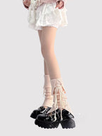 Lolita Stockings Pink Black White Ballet Leg Warmers Sheer Layered Socks Mid Cuff Ribbon Ties Slim