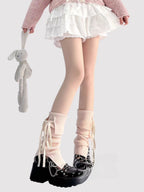 Lolita Stockings Pink Black White Ballet Leg Warmers Sheer Layered Socks Mid Cuff Ribbon Ties Slim