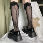 Lolita Stockings Sweet Gothic Lolita Socks Heart Bow Lace Hollow Calf Socks Black-pink Lolita Accessories