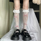 Lolita Stockings Sweet Gothic Lolita Socks Heart Bow Lace Hollow Calf Socks Black-pink Lolita Accessories