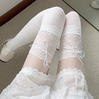 Inspired by Japanese Lolita fashion, these thigh high socks combine playful elegance with delicate charm. Featuring intricate lace trim and a cute bow ribbon tie detail, they create a sweet yet sophisticated statement piece. Designed to elevate any outfit with kawaii elegance, these socks capture the romantic essence of Harajuku street style while offering comfortable wear for daily fashion expression.