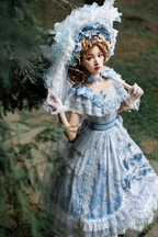 Tea Party Fashion Hime Lolita Flower Gorgeous Lolita Print Satin JSK Set Blue Purple Lolita Dress