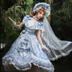 Tea Party Fashion Hime Lolita Flower Gorgeous Lolita Print Satin JSK Set Blue Purple Lolita Dress
