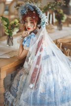 Tea Party Fashion Hime Lolita Flower Gorgeous Lolita Print Satin JSK Set Blue Purple Lolita Dress