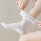 Design Concept:

These Lolita stockings are crafted in soft, comfortable fabric, available in white, black, and ivory. Designed for mid-calf length wear, they feature delicate lace trim and charming ruffle details that add a sweet, elegant touch to any outfit. Adorned with cute bow accents, these stockings perfectly complement Lolita dresses and skirts, making them ideal for daily wear, tea parties, or special gatherings. The lace and bow details enhance the overall princess-like aesthetic, creating a refin