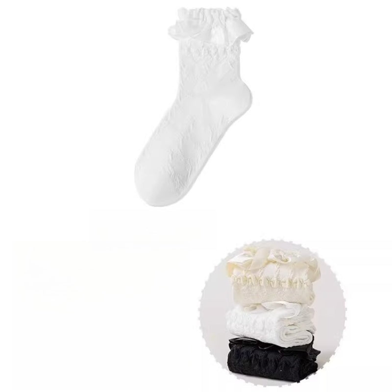 Design Concept:

These Lolita stockings are crafted in soft, comfortable fabric, available in white, black, and ivory. Designed for mid-calf length wear, they feature delicate lace trim and charming ruffle details that add a sweet, elegant touch to any outfit. Adorned with cute bow accents, these stockings perfectly complement Lolita dresses and skirts, making them ideal for daily wear, tea parties, or special gatherings. The lace and bow details enhance the overall princess-like aesthetic, creating a refin