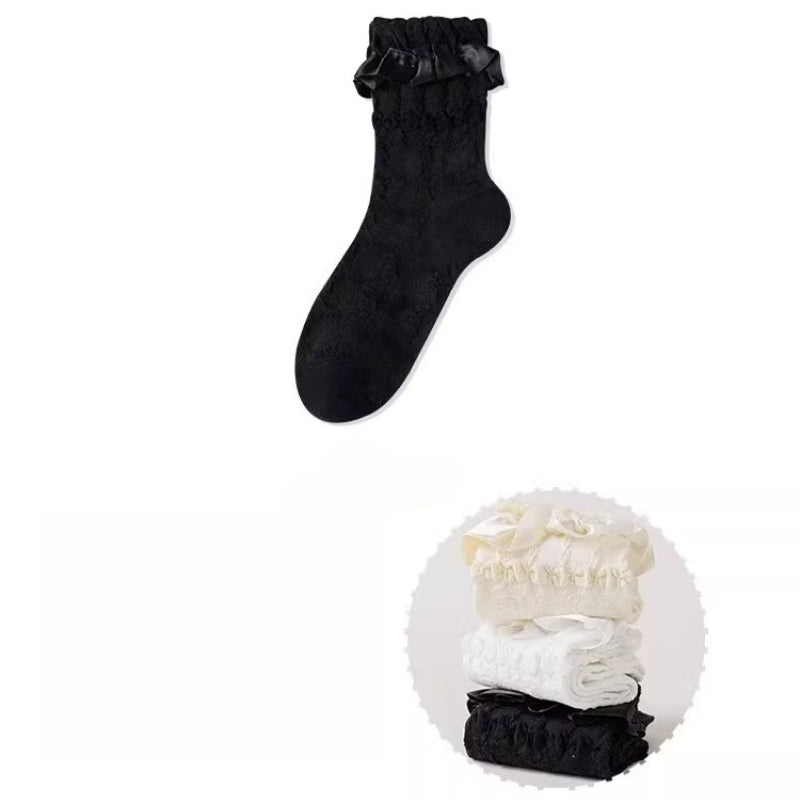 Design Concept:

These Lolita stockings are crafted in soft, comfortable fabric, available in white, black, and ivory. Designed for mid-calf length wear, they feature delicate lace trim and charming ruffle details that add a sweet, elegant touch to any outfit. Adorned with cute bow accents, these stockings perfectly complement Lolita dresses and skirts, making them ideal for daily wear, tea parties, or special gatherings. The lace and bow details enhance the overall princess-like aesthetic, creating a refin