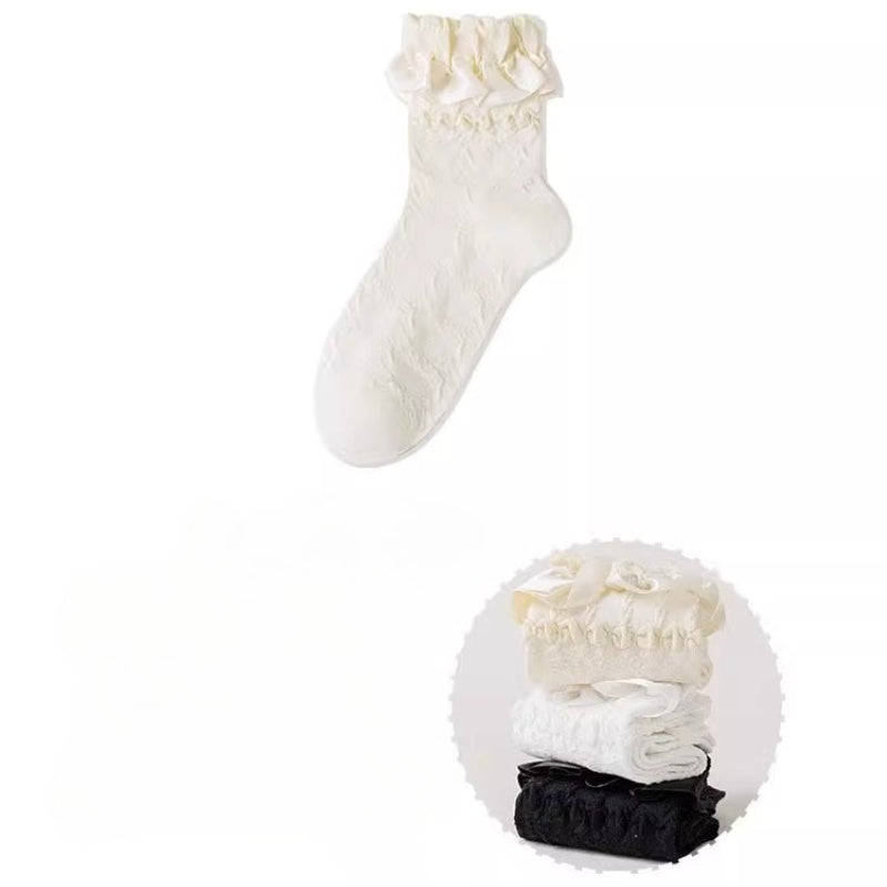 Design Concept:

These Lolita stockings are crafted in soft, comfortable fabric, available in white, black, and ivory. Designed for mid-calf length wear, they feature delicate lace trim and charming ruffle details that add a sweet, elegant touch to any outfit. Adorned with cute bow accents, these stockings perfectly complement Lolita dresses and skirts, making them ideal for daily wear, tea parties, or special gatherings. The lace and bow details enhance the overall princess-like aesthetic, creating a refin