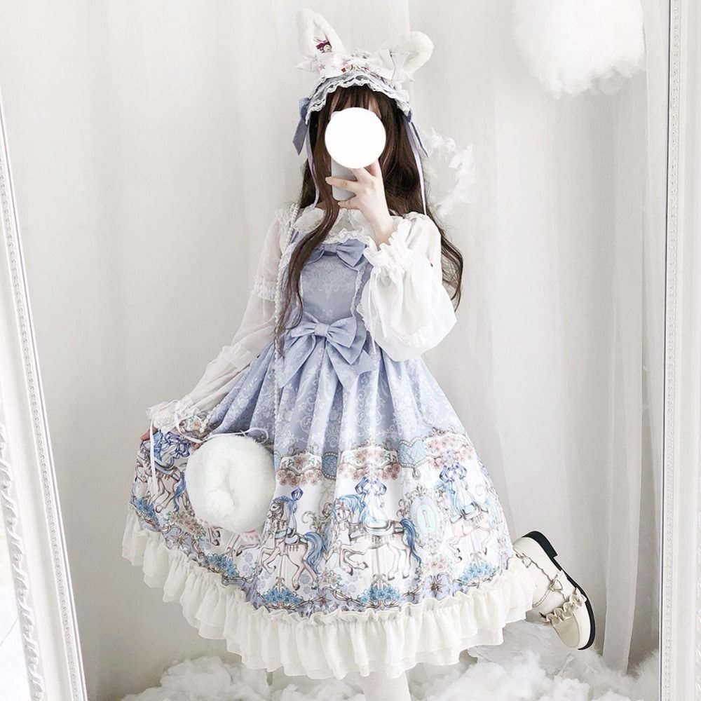 Sweet Lolita Blue Printed Carousel Jsk Suspender Tutu Cake Dress