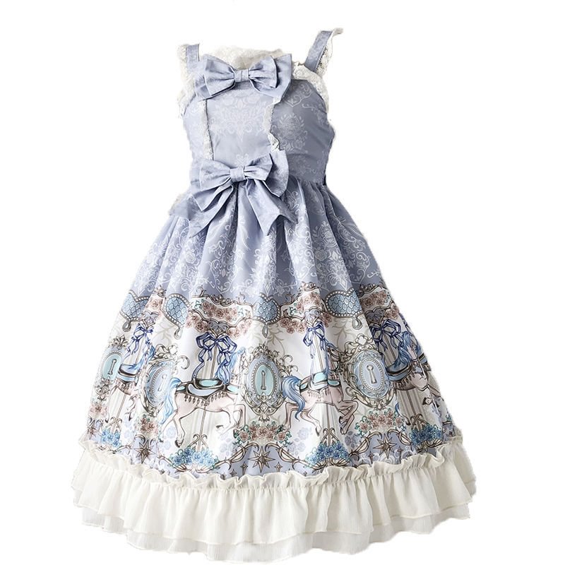 Sweet Lolita Blue Printed Carousel Jsk Suspender Tutu Cake Dress