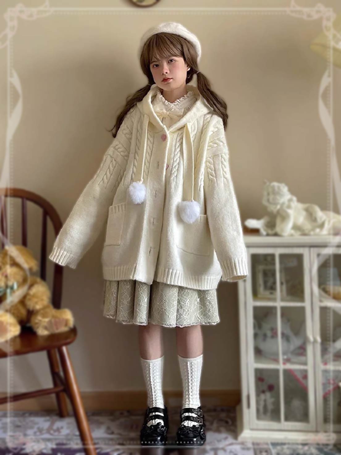 Lolita Coat Multicolor Hooded Knit Cardigan Cute Lazy Style Open Front Sweater