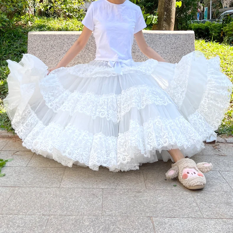 Lolita Petticoats White Long Bustle Layers of Lace Soft Gauze Gown Crinoline 25.5inches