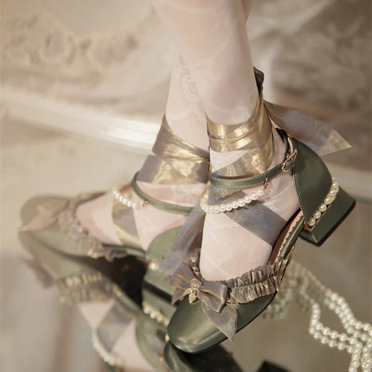 Inspired by the opulence of 19th-century Victorian soirées and the delicate artistry of heirloom jewelry, these shoes embody timeless romance. Each detail—from the lustrous pearls to the intricate lace ribbons—evokes a narrative of elegance and grace, designed for those who believe fashion is a preserved art form