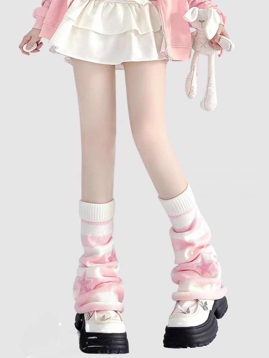 Inspired by the vibrant energy of Y2K subculture, these leg warmers blend nostalgic retro charm with playful Lolita aesthetics. Featuring bold pink and blue stripes, whimsical star and pearl details, and soft knit texture, they add a touch of rebellious cuteness to any outfit. Perfect for expressing unique street-style personality while staying cozy and fashion-forward.