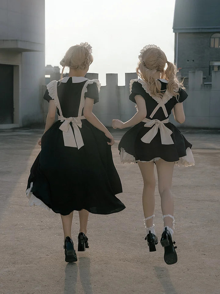 Maid Outfit Ancient Wind Pleated Lace Op Send Bow Lolita Dresses for Halloween