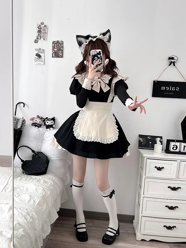 Maid Outfit Ancient Wind Pleated Lace Op Send Bow Lolita Dresses for Halloween