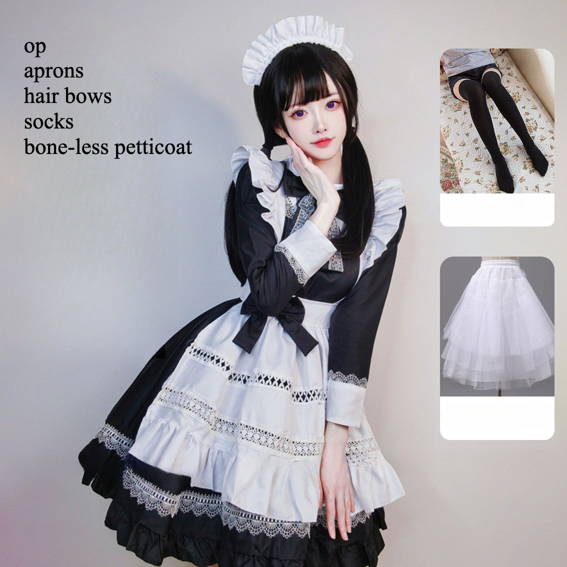Maid Outfit Black and White British Aristocratic Long-sleeved Mid-long Dress for Daily