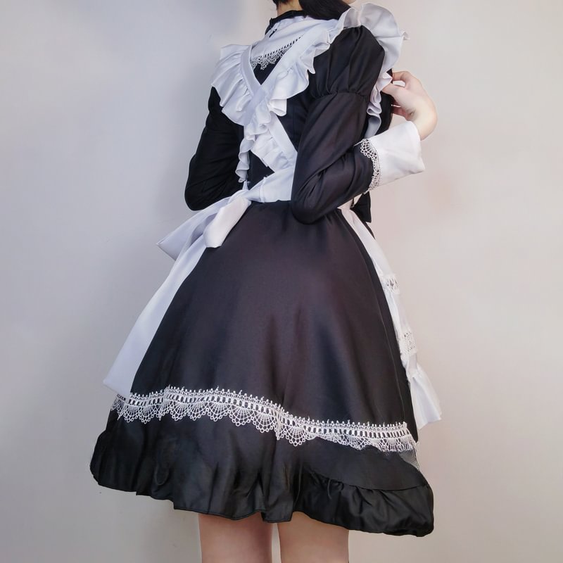 Maid Outfit Black and White British Aristocratic Long-sleeved Mid-long Dress for Daily