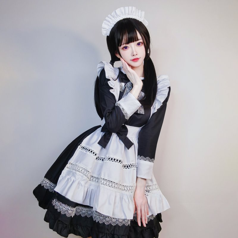 Maid Outfit Black and White British Aristocratic Long-sleeved Mid-long Dress for Daily