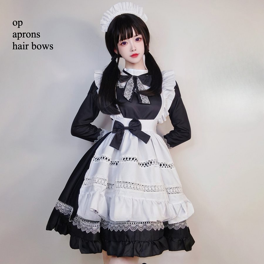 Maid Outfit Black and White British Aristocratic Long-sleeved Mid-long Dress for Daily