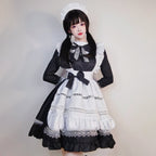 Maid Outfit Black and White British Aristocratic Long-sleeved Mid-long Dress for Daily