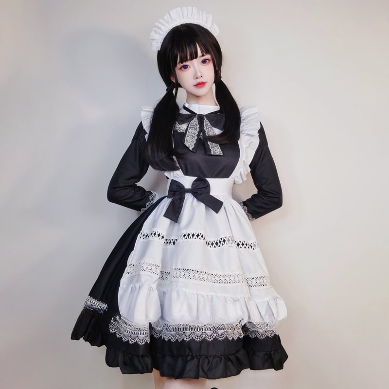 Maid Outfit Black and White British Aristocratic Long-sleeved Mid-long Dress for Daily