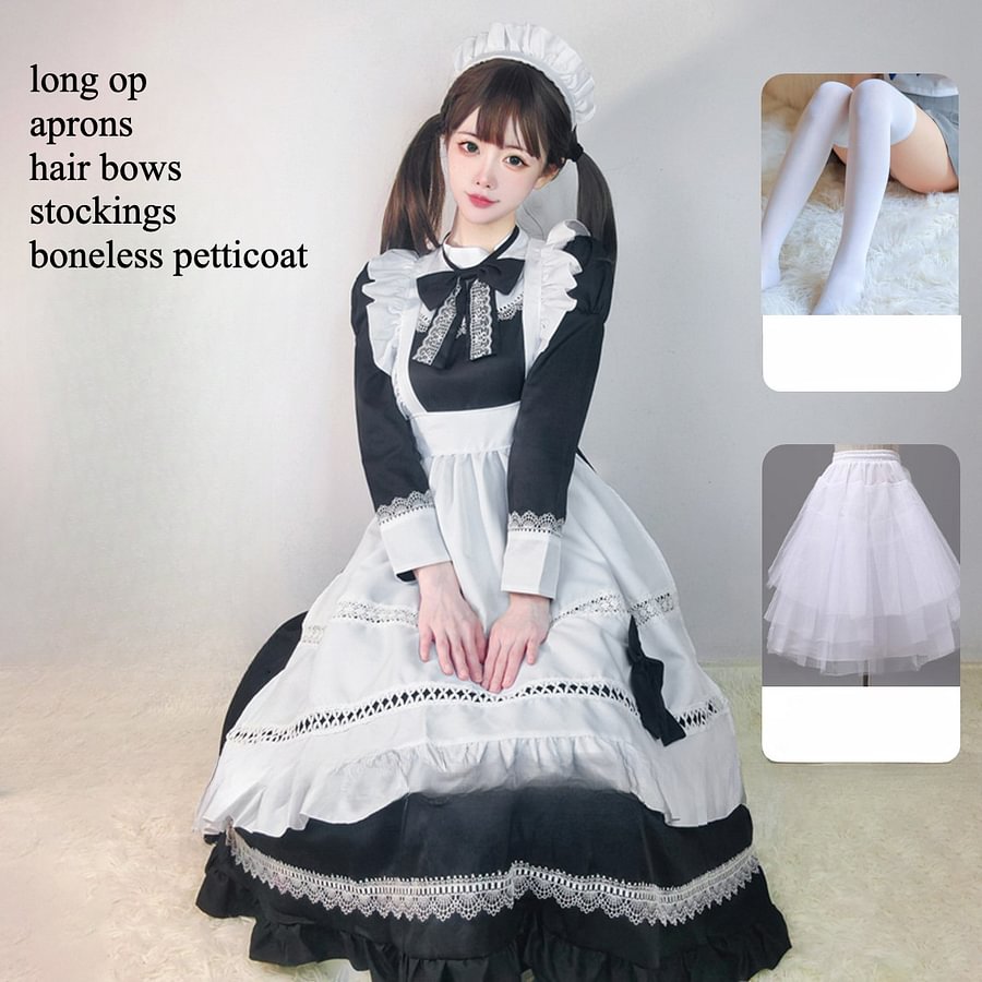 Maid Outfit Black and White British Aristocratic Long-sleeved Mid-long Dress for Daily