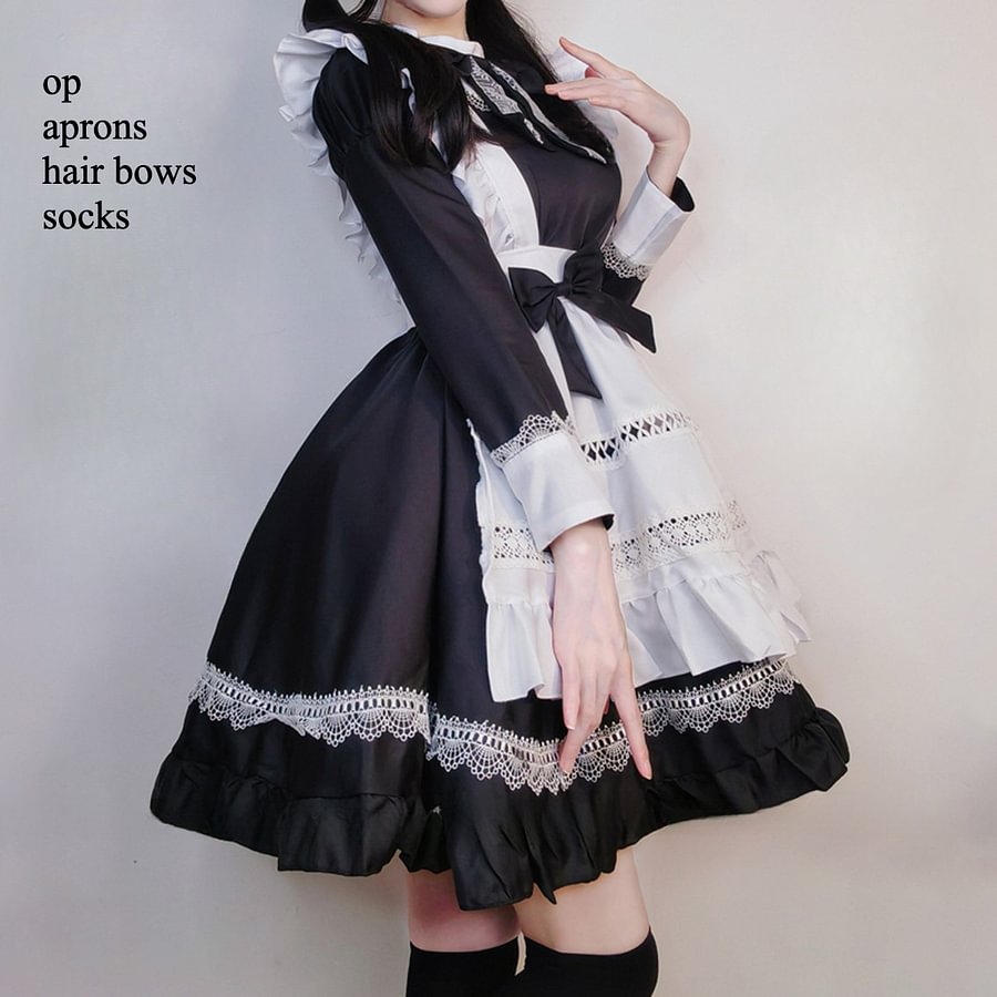 Maid Outfit Black and White British Aristocratic Long-sleeved Mid-long Dress for Daily