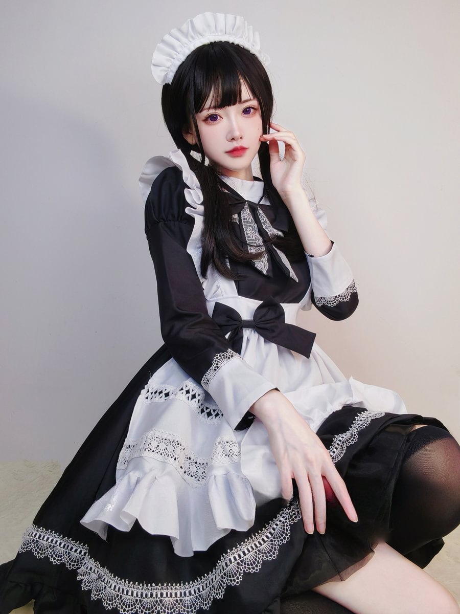 Maid Outfit Black and White British Aristocratic Long-sleeved Mid-long Dress for Daily
