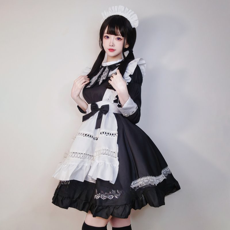Maid Outfit Black and White British Aristocratic Long-sleeved Mid-long Dress for Daily