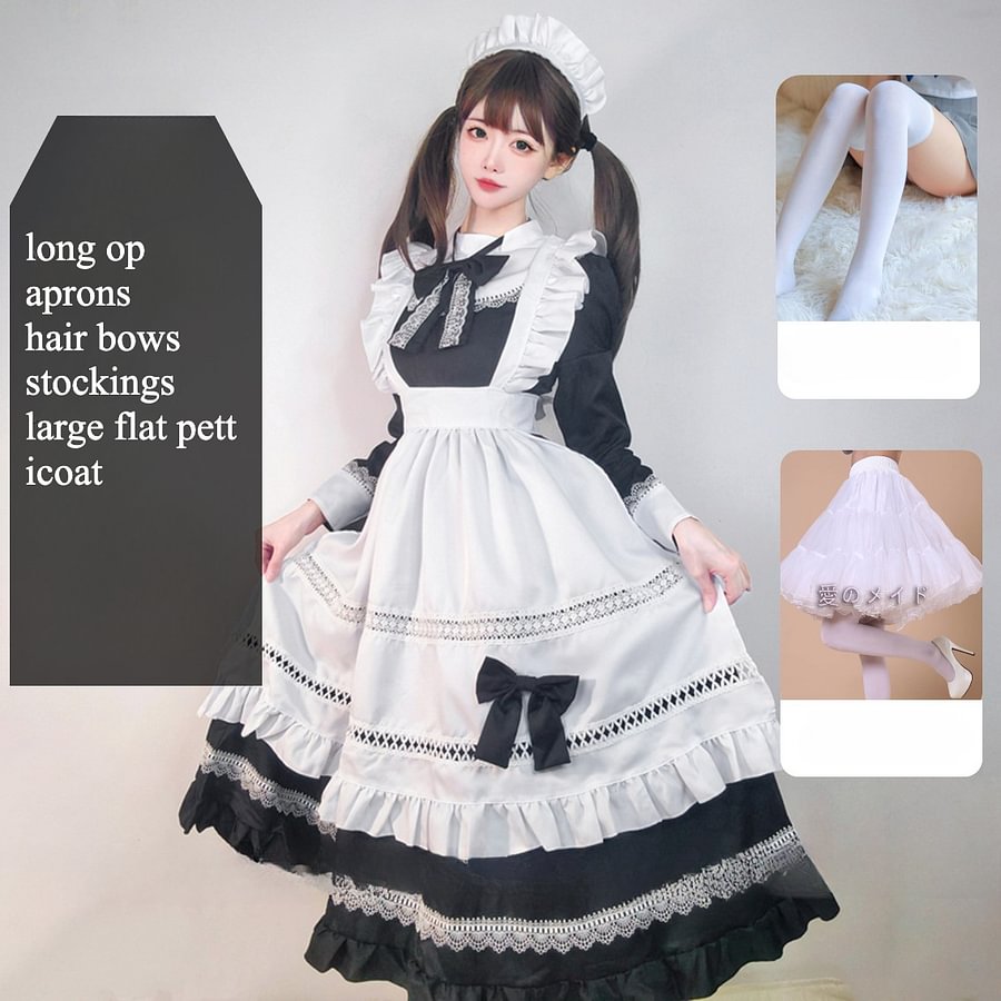 Maid Outfit Black and White British Aristocratic Long-sleeved Mid-long Dress for Daily