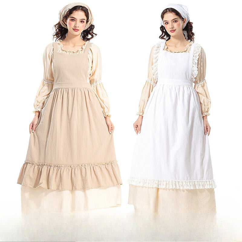 The Vintage Maid Apron Dress is inspired by a romantic floral shop aesthetic, crafted from breathable cotton-linen fabric for comfort and durability. With its long, flowing design and princess-style charm, it blends retro maid elegance with artistic simplicity. Perfect for florists, café staff, or daily cosplay, this apron captures both practicality and a sweet, vintage-inspired look.Product includes: skirt, apron, headscarf.