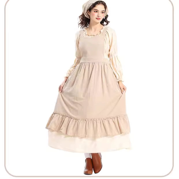 The Vintage Maid Apron Dress is inspired by a romantic floral shop aesthetic, crafted from breathable cotton-linen fabric for comfort and durability. With its long, flowing design and princess-style charm, it blends retro maid elegance with artistic simplicity. Perfect for florists, café staff, or daily cosplay, this apron captures both practicality and a sweet, vintage-inspired look.Product includes: skirt, apron, headscarf.