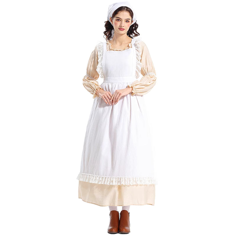 The Vintage Maid Apron Dress is inspired by a romantic floral shop aesthetic, crafted from breathable cotton-linen fabric for comfort and durability. With its long, flowing design and princess-style charm, it blends retro maid elegance with artistic simplicity. Perfect for florists, café staff, or daily cosplay, this apron captures both practicality and a sweet, vintage-inspired look.Product includes: skirt, apron, headscarf.