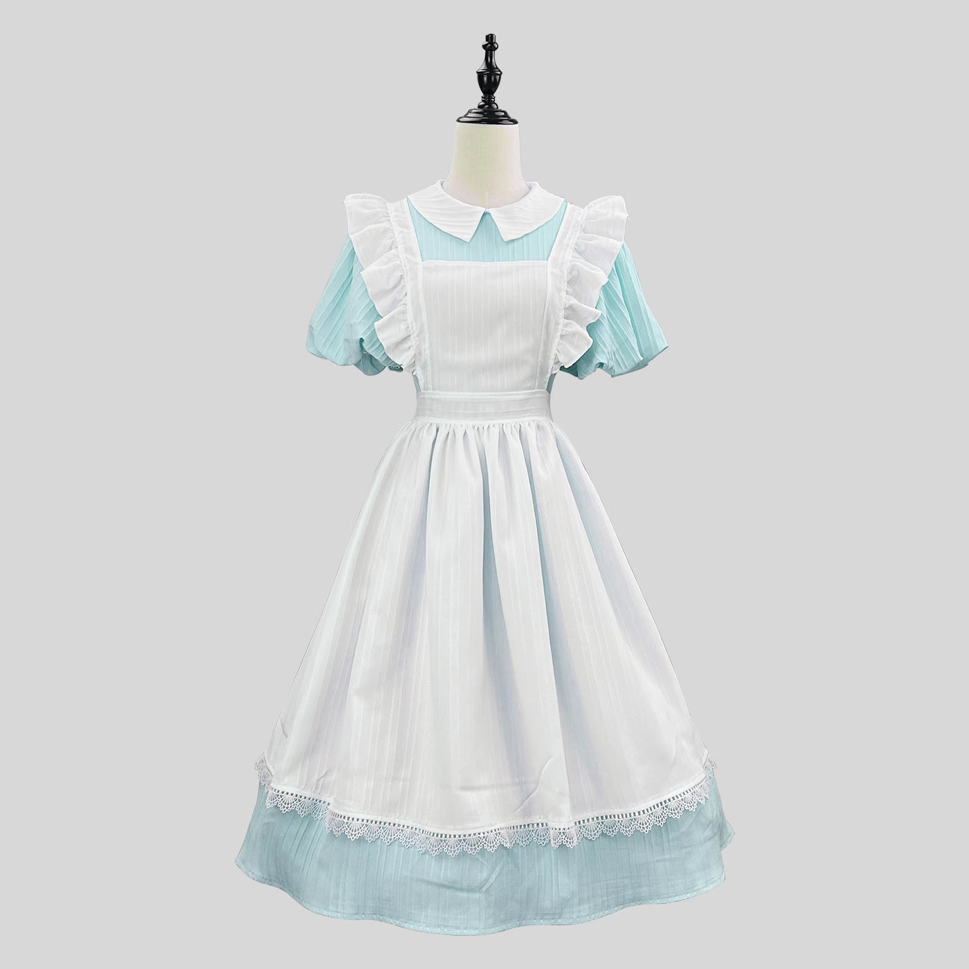 Inspired by classic French maid uniforms, this original Lolita dress combines soft powder blue and yellow hues with delicate lace trims. The modest long sleeves and high-neck design maintain elegance, while the detachable apron allows versatile styling. Crafted from breathable cotton blend, it balances nostalgic charm with modern comfort, perfect for both special occasions and refined daily wear.