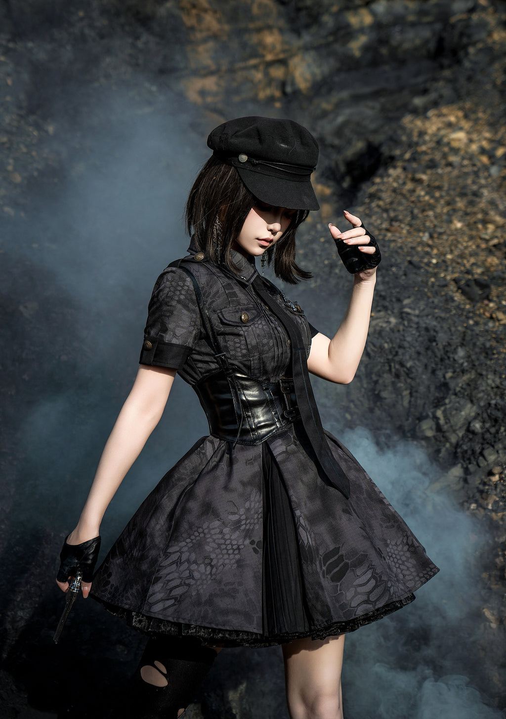 Military Lolita Set Black Camo Patterned OP with Belt Cap Dress Battlefield Style