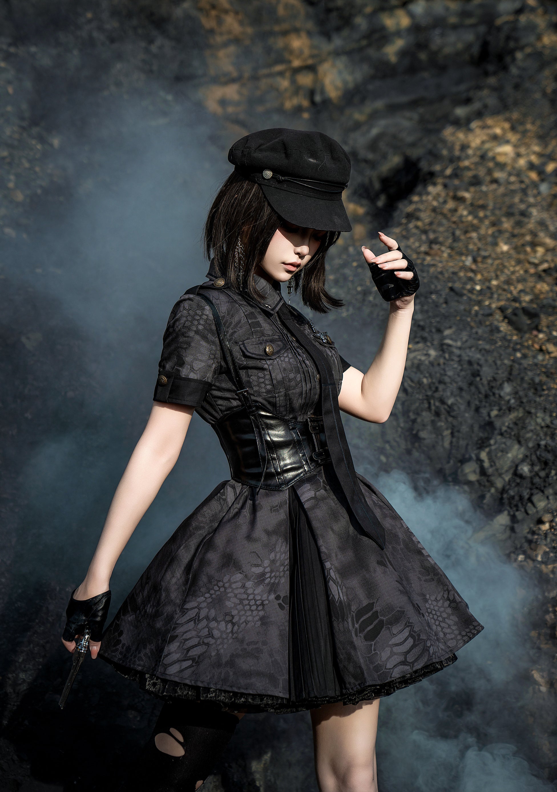 Military Lolita Set Black Camo Patterned OP with Belt Cap Dress Battlefield Style