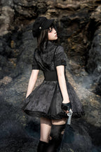 Military Lolita Set Black Camo Patterned OP with Belt Cap Dress Battlefield Style