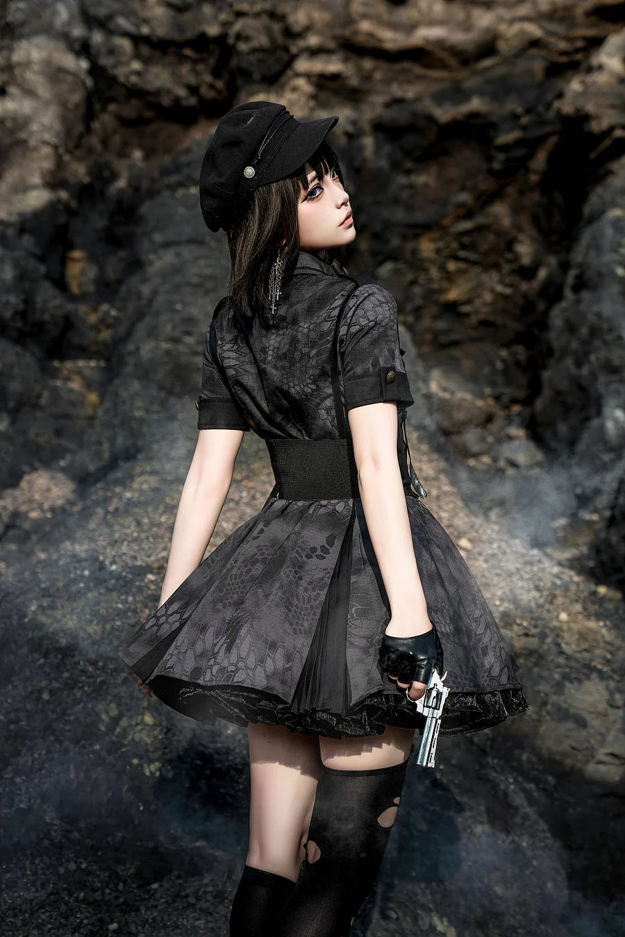 Military Lolita Set Black Camo Patterned OP with Belt Cap Dress Battlefield Style