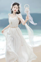 Mori Kei Fashion Greek Muse Pure White Elegant Fairy Wedding Dress Lolita Long Dress