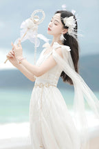 Mori Kei Fashion Greek Muse Pure White Elegant Fairy Wedding Dress Lolita Long Dress
