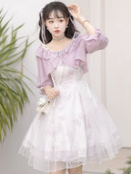 Mori Kei Fashion Lilac Purple Floral Elegant Dress Sweet Everyday Lolita Dress Set
