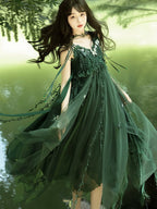 Mori Kei Fashion Lolita Dresses Forest Fairy Dark Green Elegant Dress Yarn Suspender Dress Elf JSK