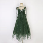 Mori Kei Fashion Lolita Dresses Forest Fairy Dark Green Elegant Dress Yarn Suspender Dress Elf JSK