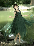 Mori Kei Fashion Lolita Dresses Forest Fairy Dark Green Elegant Dress Yarn Suspender Dress Elf JSK